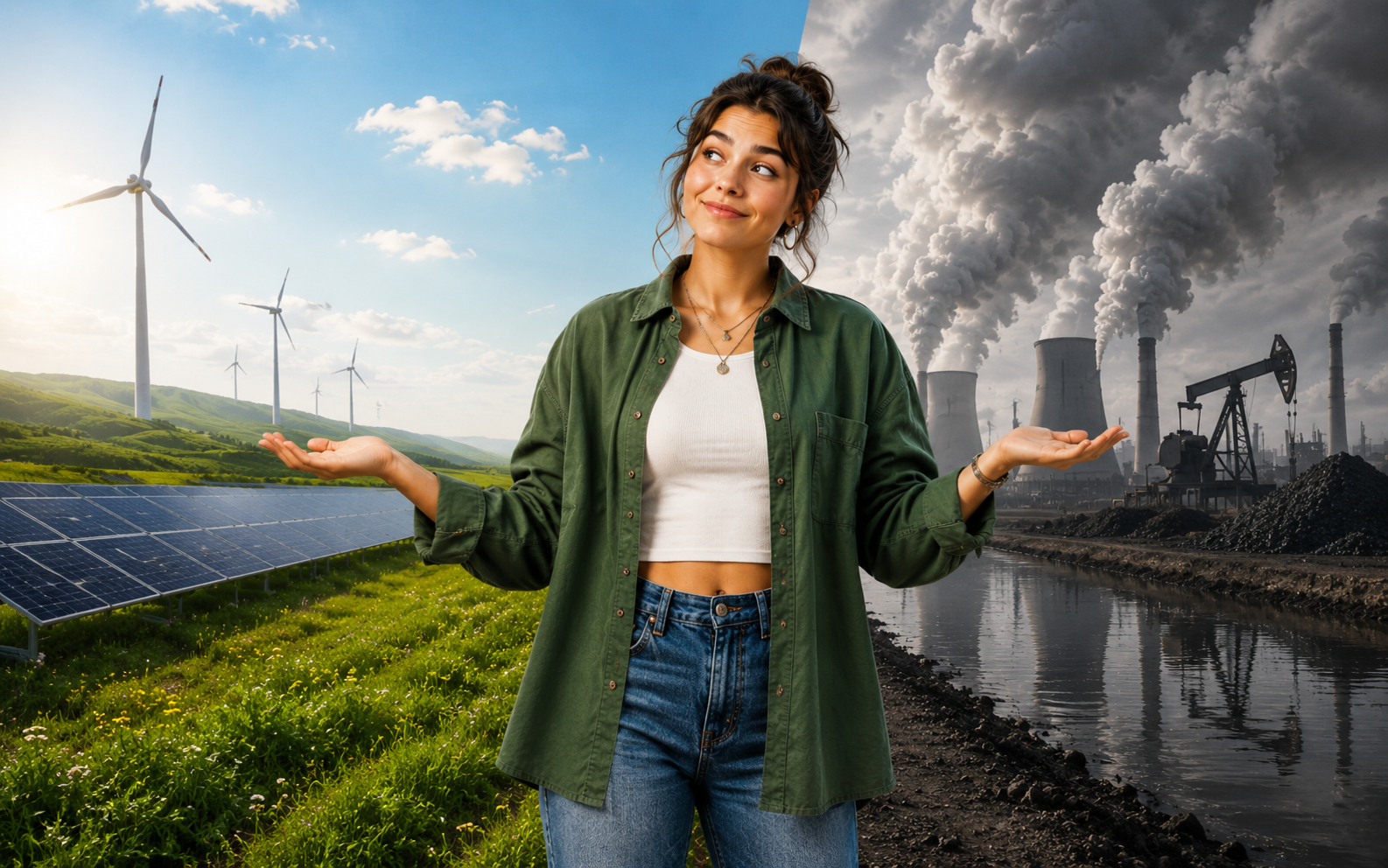 A woman standing between polluted industrial energy on one side and clean solar and wind energy on the other