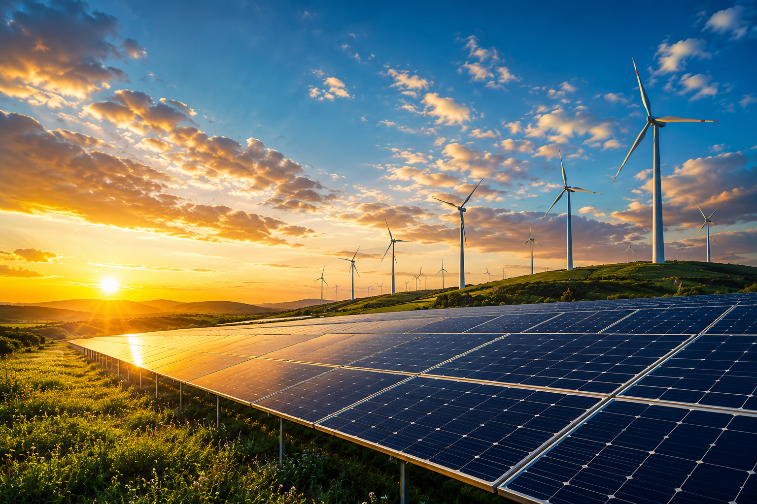 Solar panels and wind turbines on green hills at golden hour